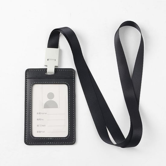 가죽 세로형 사원증 케이스+목걸이줄 2p세트(블랙)