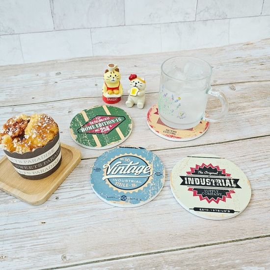 빈티지 팩토리 우드 원형 코스터 4p set