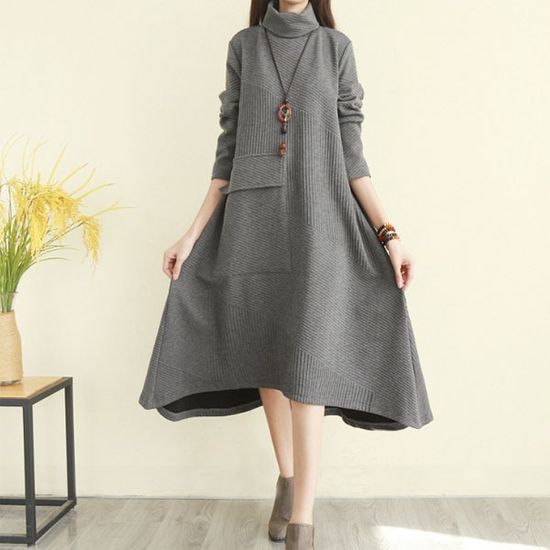 사선 포켓 에이라인 목폴라 원피스 치마