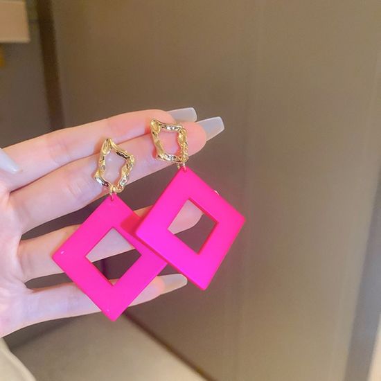 사각 골드 핑크 빅 드롭 스퀘어 순은 925 실버 귀걸이