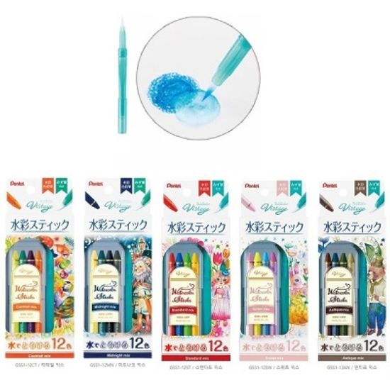 펜텔 수채색연필 스틱 12색+워터브러쉬 Vistage GSS1