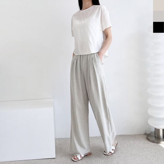 KYI 80173 여자린넨 핀턱와이드 밴딩팬츠
