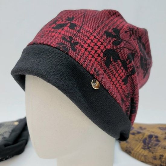 [애슬릿]플라워 체크 니트 비니 중년 여성 모자 두건