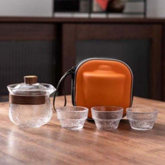 로하티 더우림 휴대용 내열 유리 다기세트 3인 물결[W