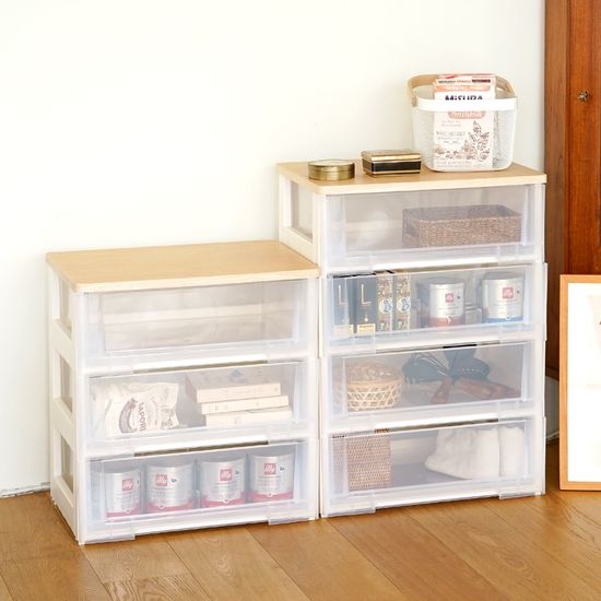 이노스 투명 우드상판 4단 플라스틱 서랍장 옷 정리함