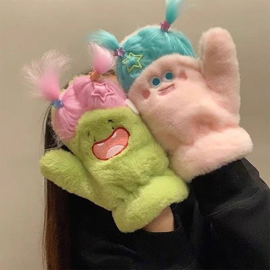 따뜻한 머리카락 인형 캐릭터 겨울 벙어리 끈 털 장갑
