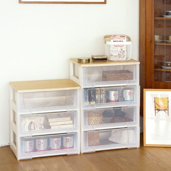 이노스 투명 우드상판 3단 플라스틱 서랍장 옷 정리함