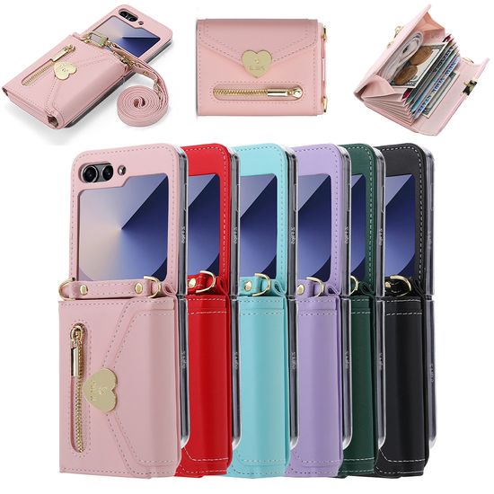 갤럭시z플립 5 4 3 골드 하트 카드지갑 스트랩 케이스