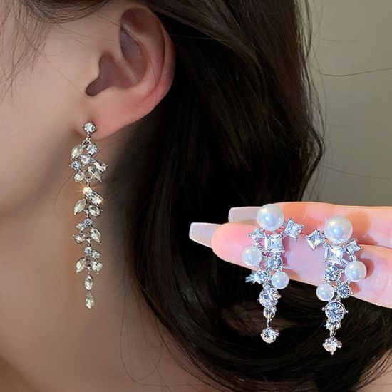 예쁜 럭셔리 큐빅 진주 롱 드롭 귀걸이 패션 귀고리