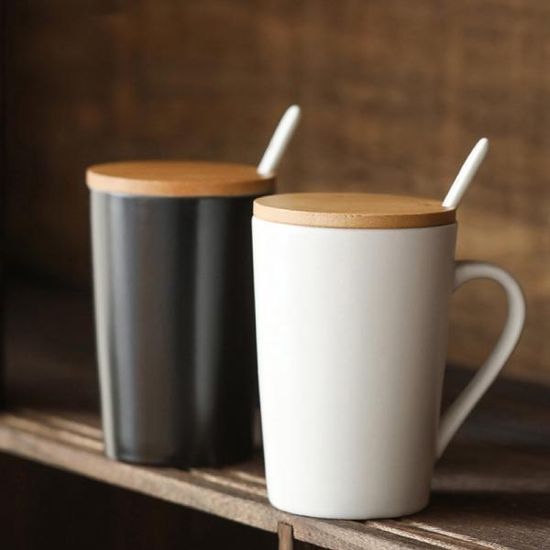 도자기 머그컵 400ml 블랙1개+화이트1개 뚜껑있는머그