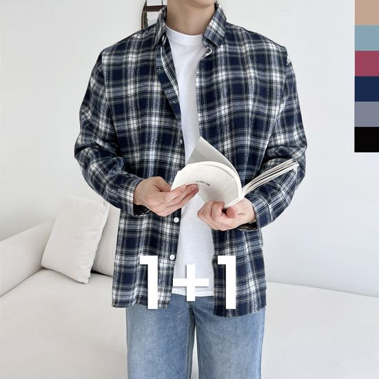 [1+1] 남자 커플 모노 오버핏 체크 남방 데일리 셔츠
