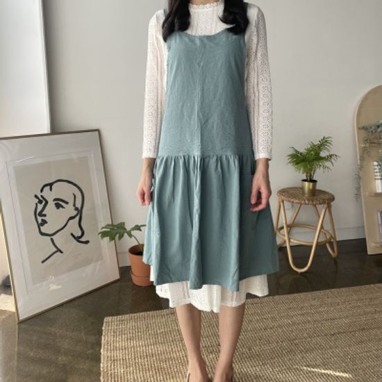 쿠이나 린넨 파스텔 와이드 원피스 앞치마