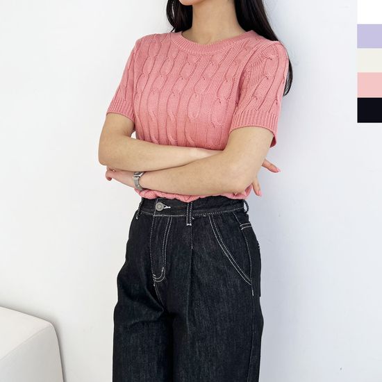 골피아 여자 이지꽈배기 라운드 반팔 니트 여성