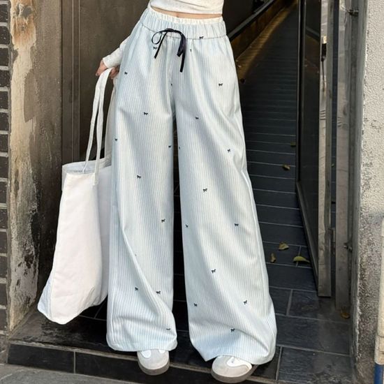 여성 하이웨스트 스트라이프 리본 밴딩 와이드 팬츠