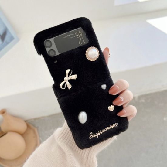 갤럭시 Z플립3 리본 진주 데코덴 겨울 털 하드 케이스