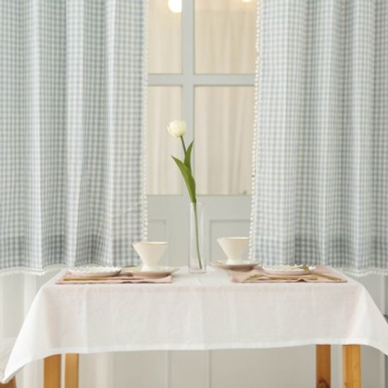 레브 체크 폼폼 커튼-블루