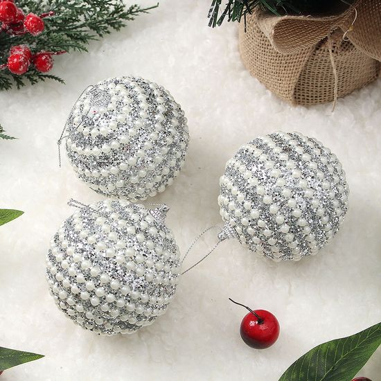 [도토로]로열실버 글리터 장식볼 3p(8cm) (진주가로라