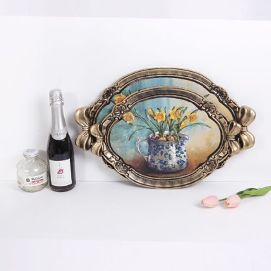 리본 옐로우 플라워 빈티지 타원 쟁반 2P세트