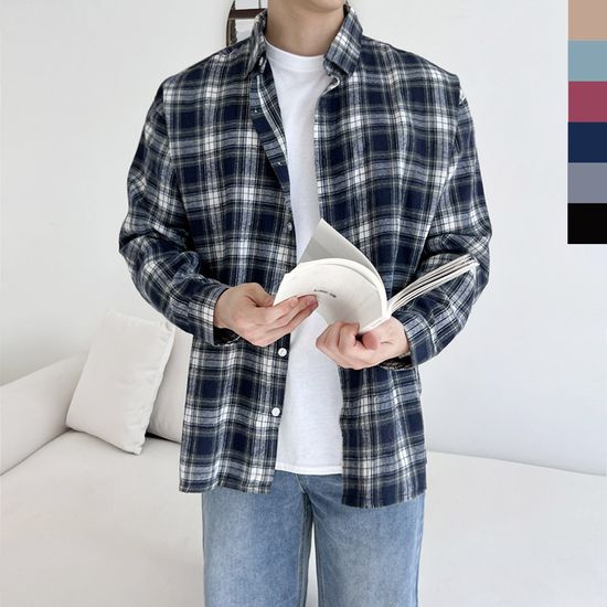 남자 커플 모노 오버핏 체크 남방 데일리 셔츠