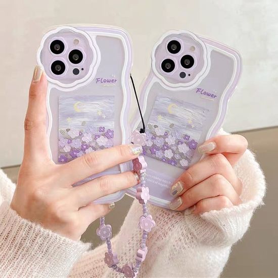 갤럭시 a시리즈 감성 퍼플 플라워 물결 스트랩 케이스