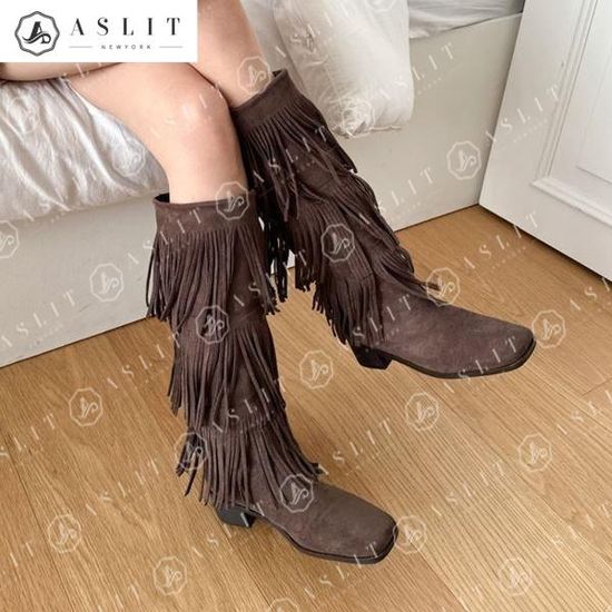 [애슬릿]스웨이드 스퀘어 토 프린지 롱 부츠