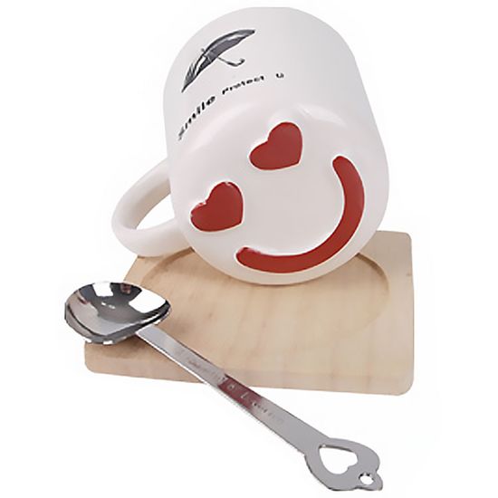 홈카페 이모티콘 표정 머그컵 우드 컵받침 스푼 세트