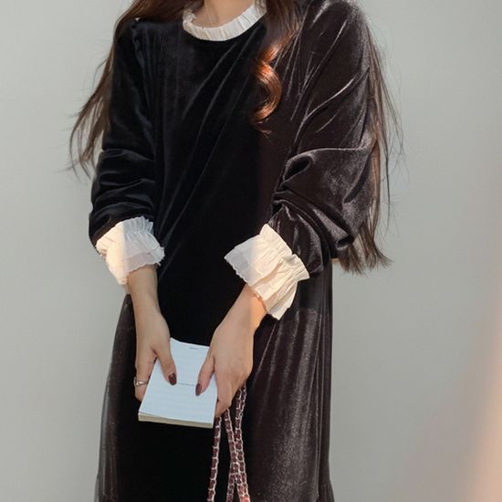 여성 페미닌 스타일 진주알 벨벳 롱 원피스
