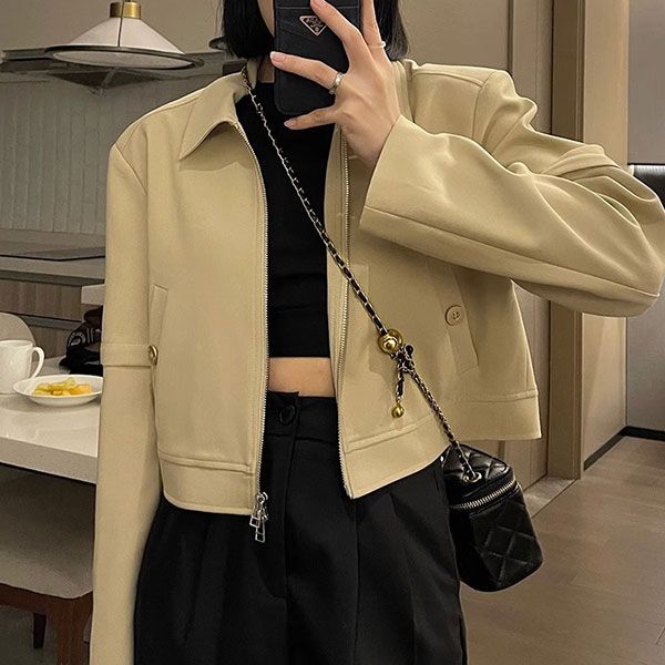 크롭 카라 블루종 여성용 캐주얼 아우터웨어