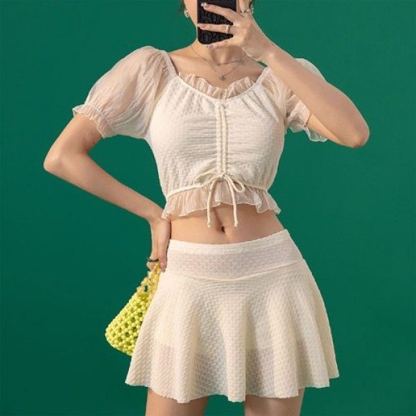 퍼프 쉬폰 미들 스트링 투피스 수영복 비키니 모노키