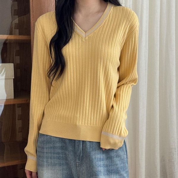 여성 브이넥 니트 봄가을 기본 스웨터 데일리 티셔츠