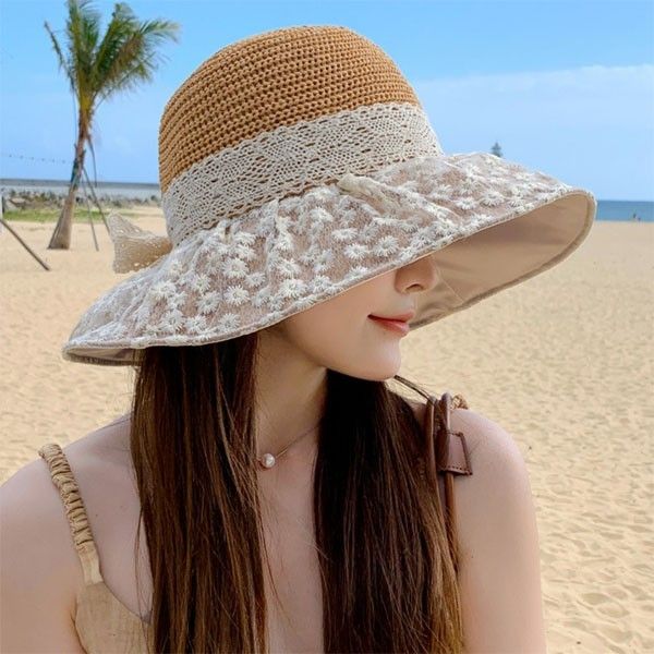 데이지 레이스 챙 리본 짜임 모자 벙거지모자