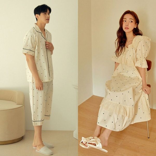 [쿠비카]후 4중 밴딩 순면 반팔 원피스 커플잠옷 WM677