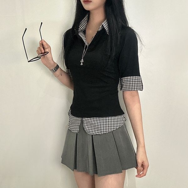 긱시크 여성 체크 포인트 반팔 카라 티셔츠 레이어드