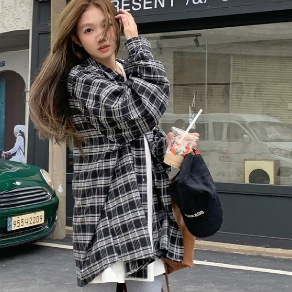 체크 블랙 긴팔 셔츠 여성 남방 심플 데일리 블라우스