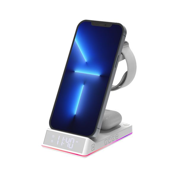 15W 5in1 고속 무선충전 접이식 LED 무드등 알람시계
