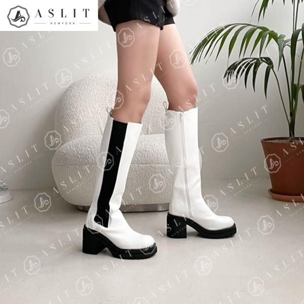 [애슬릿]둥근 코 통굽 하이 힐 지퍼 첼시 롱 부츠