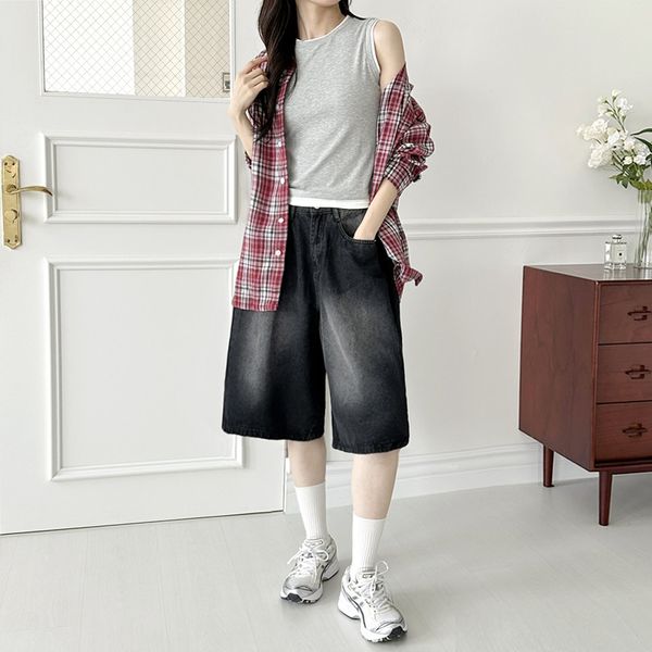 골피아 여자 옆핀턱 와이드 뒷밴딩 데님 반바지