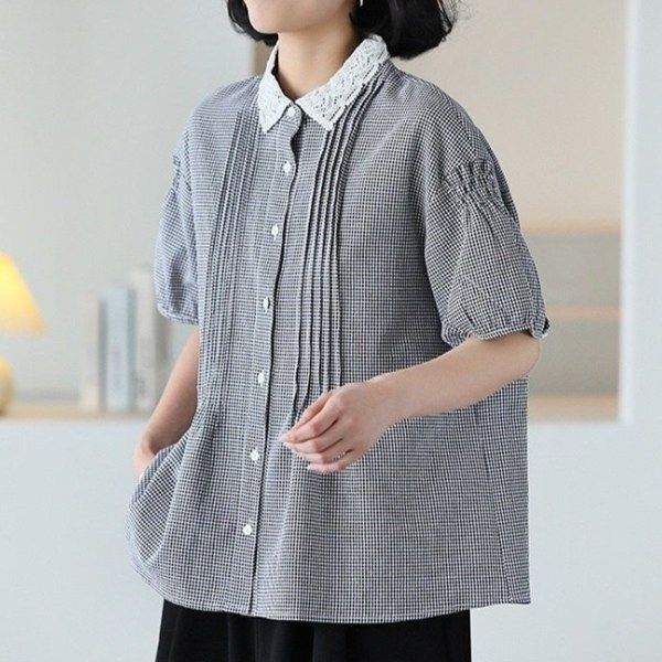 [애슬릿]레이스 카라 핀턱 반팔 블라우스 여성 미시옷