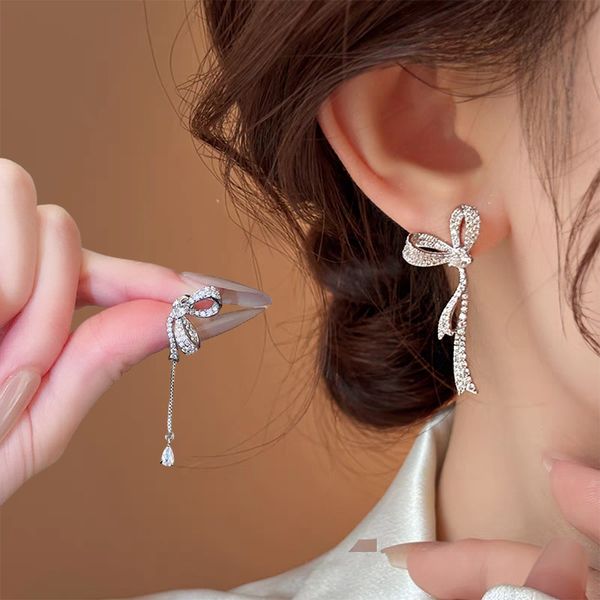 화려한 큐빅 리본 체인 롱 드롭 귀걸이 파티 웨딩촬영