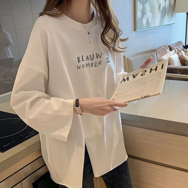 BLAUW 루즈핏 트임 긴팔 티셔츠 여성 데일리 기본