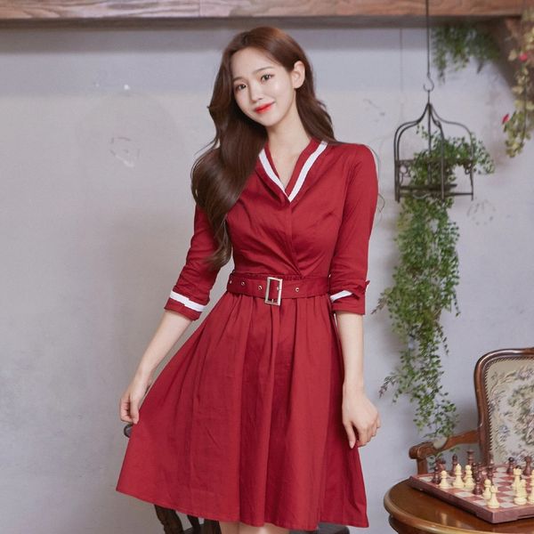  (미스개화기) 레드 화이트라인 벨트 원피스