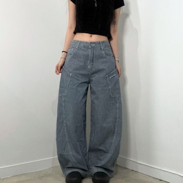 여성 스트라이프 바지 항아리 와이드 데님 팬츠 벌룬