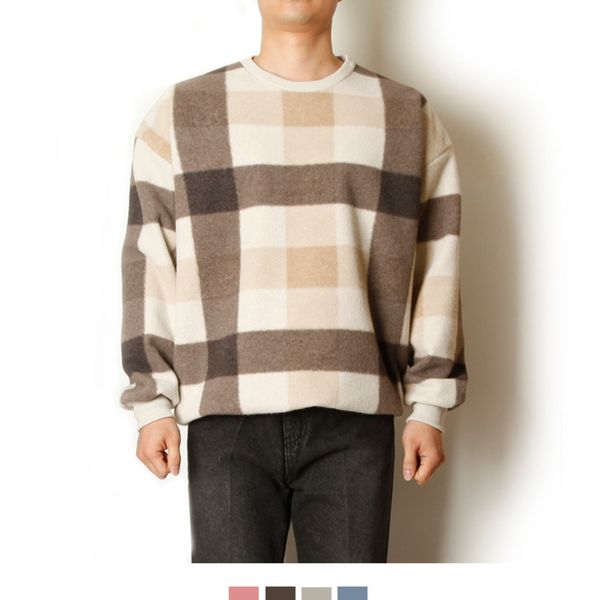 오버핏 울 체크 맨투맨 남성 긴팔 데일리 스웨터