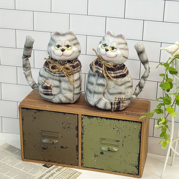 빈티지 체크포인트 그레이 줄무늬 고양이 데코인형 