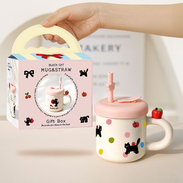 레토 실리콘 빨대 뚜껑 블랙캣 머그컵 세트 380ml