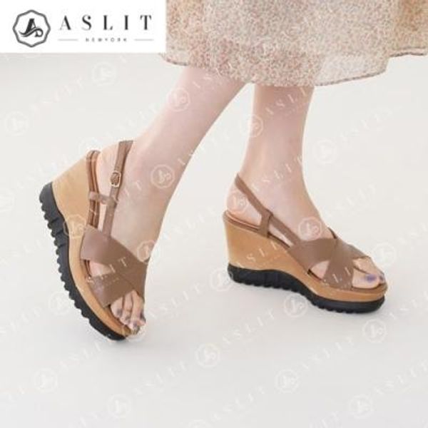 [애슬릿]엑스 스트랩 천연소가죽 샌들 여성웨지힐9cm