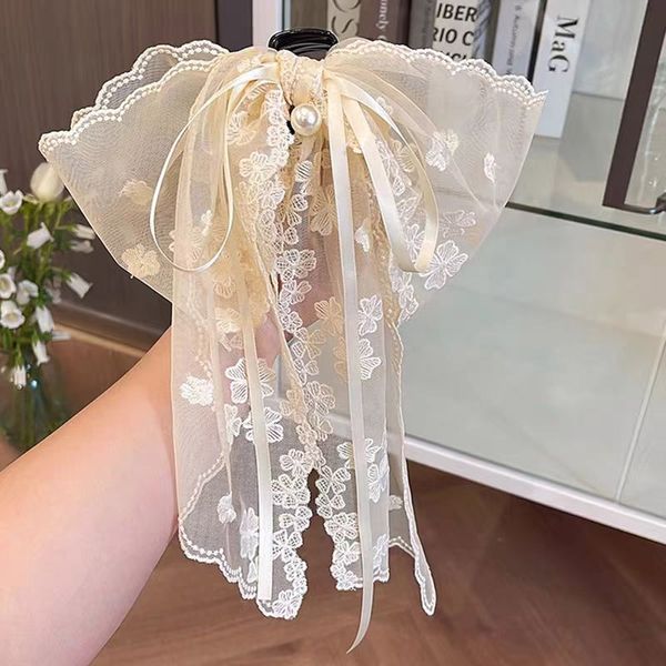 예쁜 쉬폰 레이스 왕 리본 집게 머리 핀 장식 헤어 삔