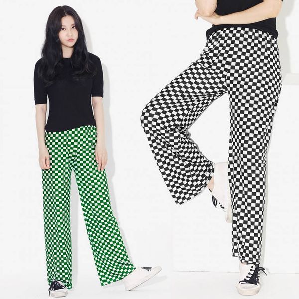 바둑패턴 와이드 팬츠 여성 데일리 일자 캐주얼 바지