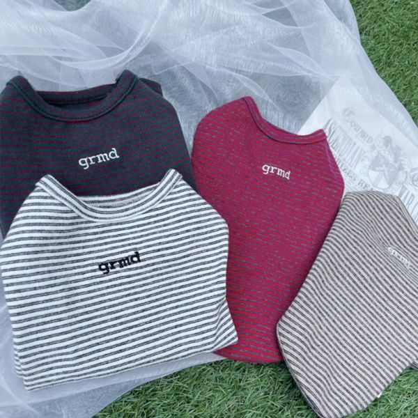 강아지 단가라 우드버튼 티셔츠 2XL 1P 줄무늬티[WD1A