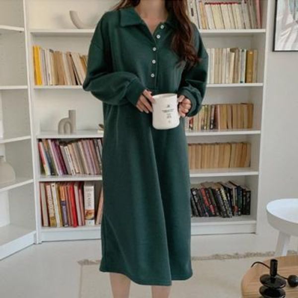 [애슬릿]국내생산 기모 루즈핏 카라 맨투맨 롱 원피스